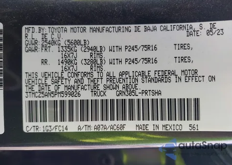 2023 Toyota Tacoma Sr5 V6 из США, поврежденный, VIN 3TMCZ5AN5PM599026